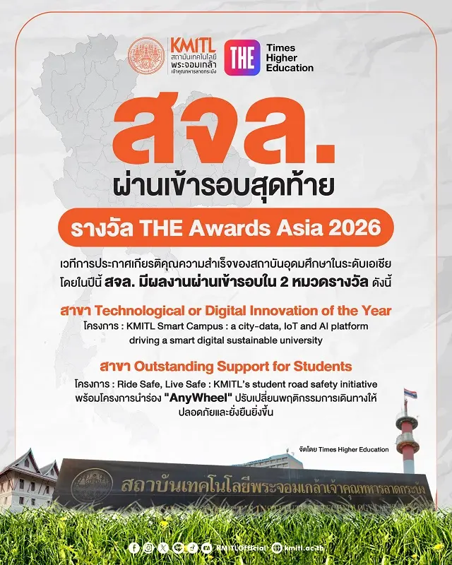 สจล. โดดเด่นด้านนวัตกรรมดิจิทัล และคุณภาพชีวิตนักศึกษา บนเวที THE Awards และ THE Rankings ตอกย้ำคุณภาพสถาบันการศึกษาไทยระดับเอเชีย